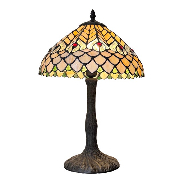 Vintage Stained Glass Peacock Style Desk or Table Lamps (Set of 2) For Sale