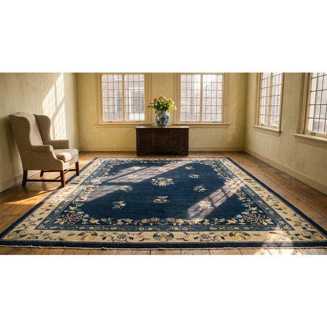 Spectacular Navy Background Color With Striking Floral Design Antique Chinese Peking Rug For Sale - Image 11 of 11