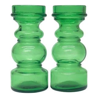 Vintage Curvaceous Green Glass Vases, Made in Italy - A Pair For Sale