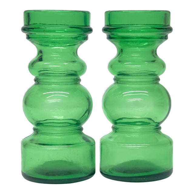 Vintage Curvaceous Green Glass Vases, Made in Italy - A Pair For Sale