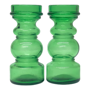 Vintage Curvaceous Green Glass Vases, Made in Italy - A Pair