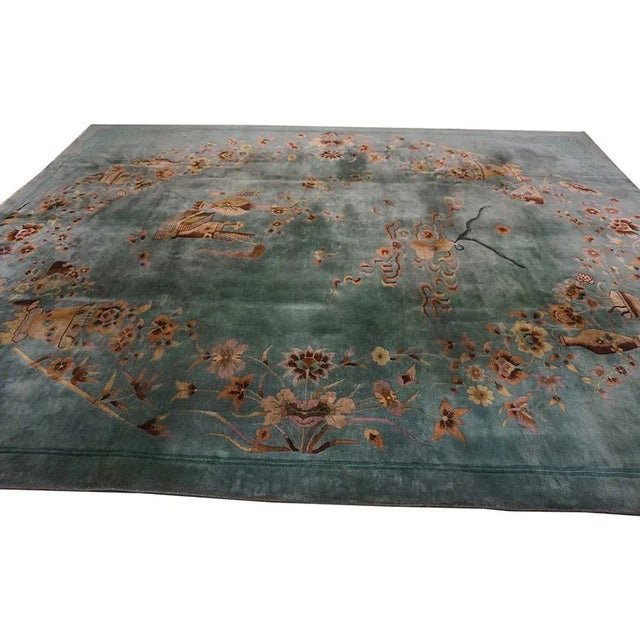 Art Deco 1920s Green Vase Floral Antique Chinese Art Deco Carpet 8'6" X 11'4" Knotted Wool Rug For Sale - Image 3 of 15