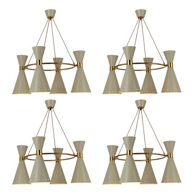 Large Hourglass Chandelier with Grey Metal Diabolo Shades on Brass Frame, 1950s For Sale