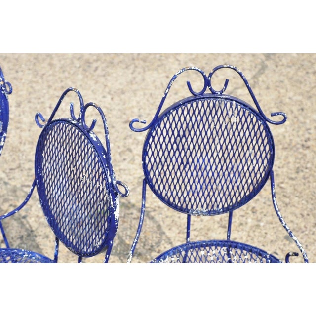 Metal Vintage Victorian Blue Wrought Iron Small Garden Bistro Dining Chairs - Set of 4 For Sale - Image 7 of 10