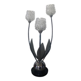 Vintage Modern Chrome Ball Base and Smoked Lucite Tall 3 Arm Lamp With Crystal Light Shades For Sale