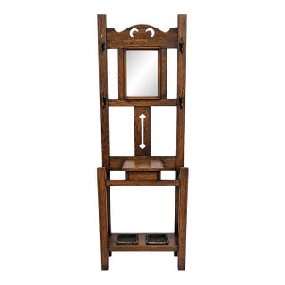 Antique 1910s Arts & Crafts Mission Oak Hall Tree Hooks, Mirror & Umbrella Stand For Sale
