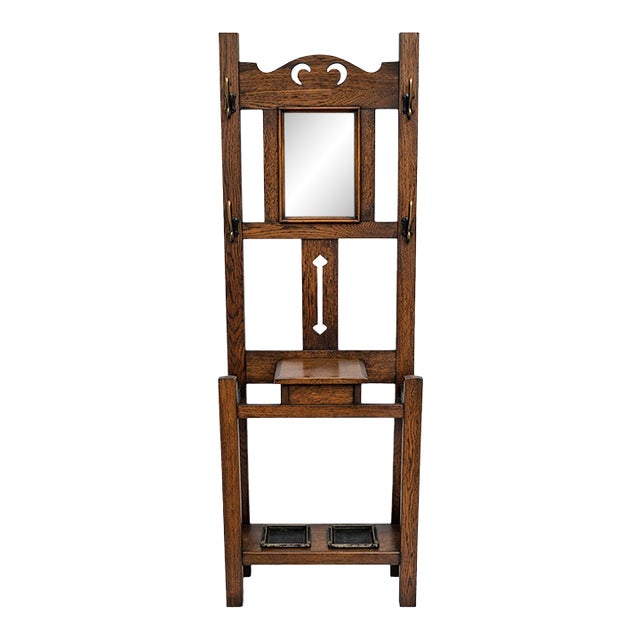 Antique 1910s Arts & Crafts Mission Oak Hall Tree Hooks, Mirror & Umbrella Stand For Sale
