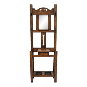Antique 1910s Arts & Crafts Mission Oak Hall Tree Hooks, Mirror & Umbrella Stand