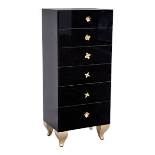 Late 20th Century High-Gloss Black Tall Chest of Drawers · Sculptural Starburst Hardware · Modern Glam Storage For Sale