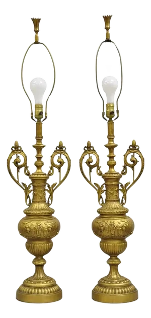 Vintage French Renaissance Louis XV Gold Gilt Metal Tall Table Lamps - A Pair