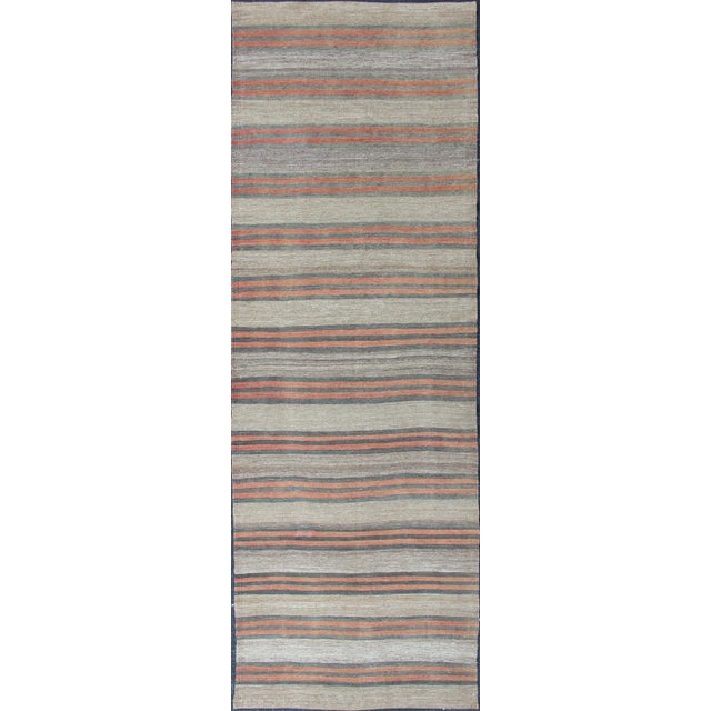 Vintage Turkish Kilim Runner With Stripe and Modern Design in Charcoal and Coral For Sale - Image 12 of 12