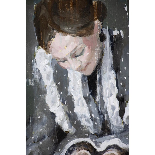 In "Coffee for Two," a woman sits gracefully, cradling two delicate cups while her gaze is focused on the intricate...