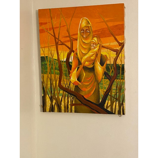 Mid-Century Modern 1971 "Mother Morning" Madonna & Child Painting by Rhoda Swaffer Earth Tones Tags For Sale - Image 3 of 12