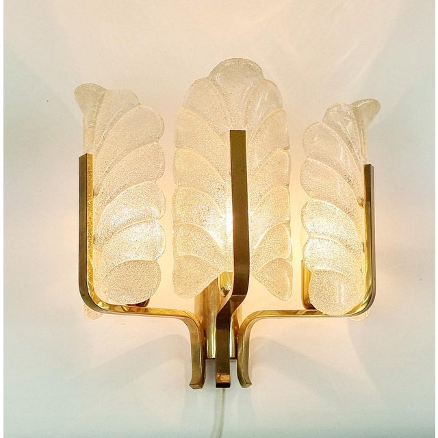 Orrefors Large Scandinavian Glass & Brass Leaf Wall Light attributed to Carl Fagerlund for Orrefors, 1960s For Sale - Image 4 of 11