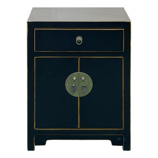 Oriental Black Lacquer Moon Face One Drawer End Table Nightstand For Sale
