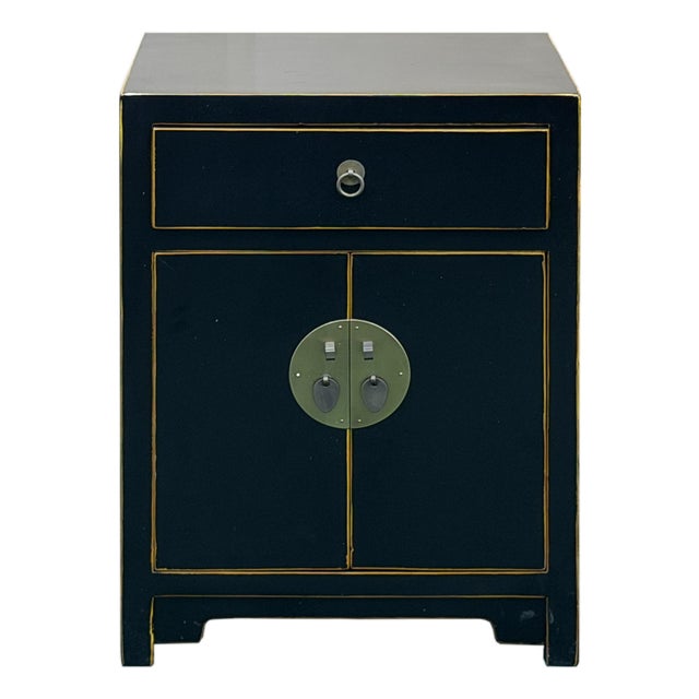 Oriental Black Lacquer Moon Face One Drawer End Table Nightstand For Sale