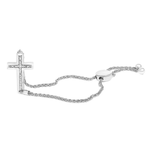 .925 Sterling Silver Diamond Accent Cross Bolo Bracelet (I-J Color, I1-I2 Clarity) - 7" For Sale