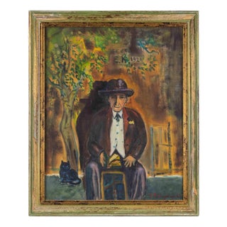 Sirio Pellegrini, Portrait of Old Man with Cat in Capestrano, Oil on Board, 1968, Framed For Sale