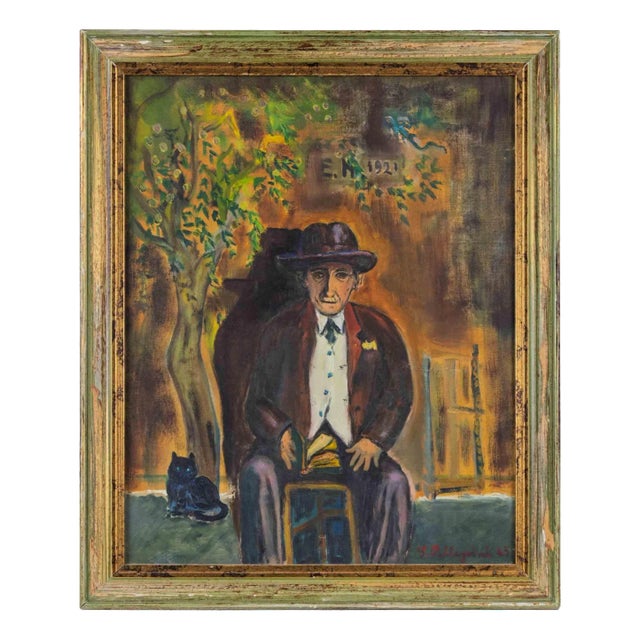 Sirio Pellegrini, Portrait of Old Man with Cat in Capestrano, Oil on Board, 1968, Framed For Sale