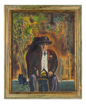 Sirio Pellegrini, Portrait of Old Man with Cat in Capestrano, Oil on Board, 1968, Framed