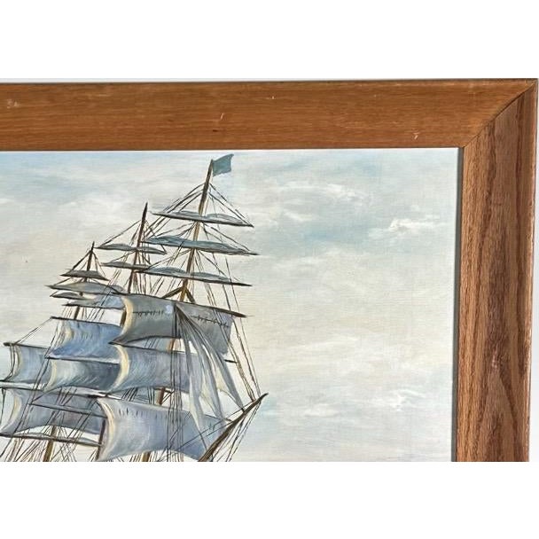 Cerulean Vintage Mid Century Maritime Clipper Ship Framed Original Seascape Oil Painting For Sale - Image 8 of 13