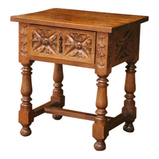Mid-Century French Louis XIII Style Carved Oak Side Table With Drawer For Sale