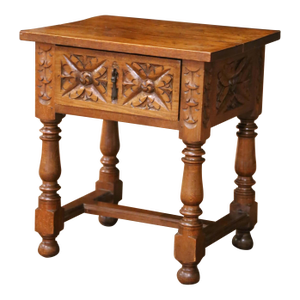 Mid-Century French Louis XIII Style Carved Oak Side Table With Drawer