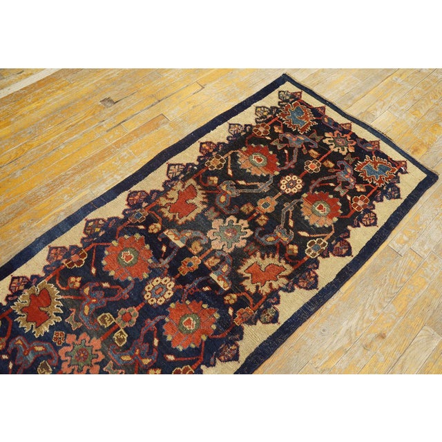 Late 19th Century 1880s Blue Navy Floral Antique W. Persian Bijar Rug 2'4'' X 9'9'' Handknotted Wool Carpet For Sale - Image 5 of 17