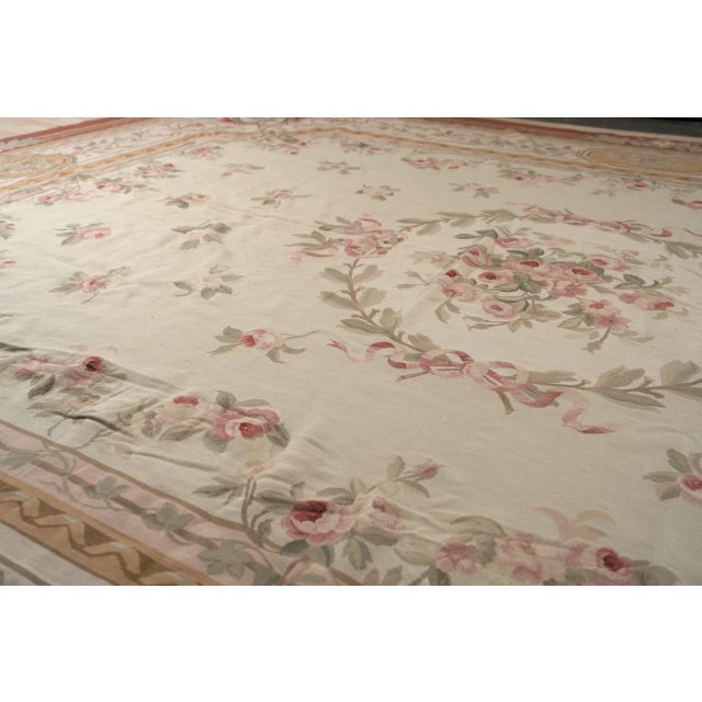 Textile 12x16 Vintage Aubusson Flat Weave Wool Rug, Louis Philippe Rose Wreath For Sale - Image 7 of 12