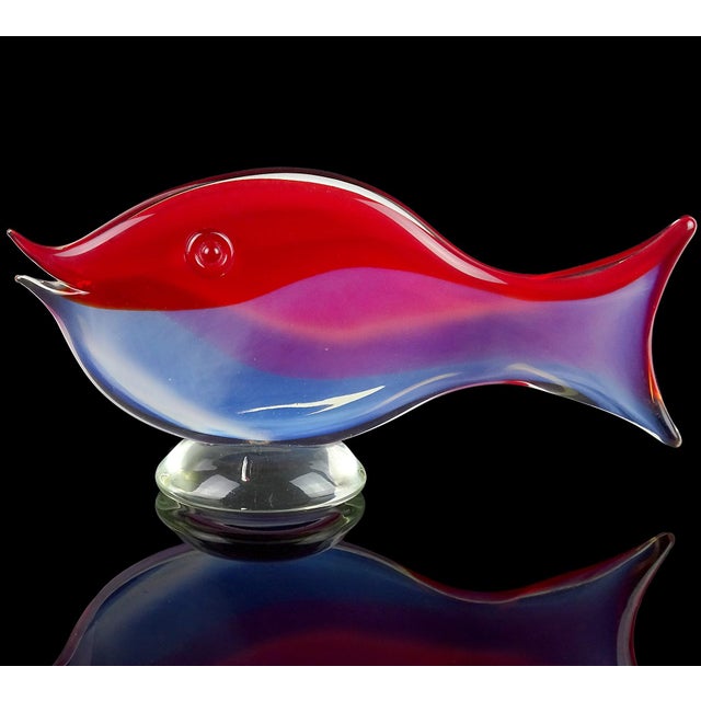 Beautiful, and large, vintage Murano hand blown opalescent white and red stripe Italian art glass flat fish sculpture. The...