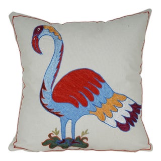 Embroidered Flamingo Suzani Pillow Cover – Turkish Boho Cushion 18''x 19'' For Sale