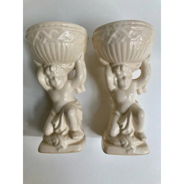 Mid 20th Century Cream Ceramic Cherub Vases Candle Holders - A Pair For Sale - Image 12 of 13