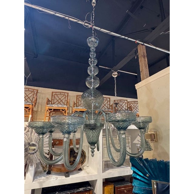 Gorgeous Murano glass Barovier style 8-arm chandelier in Fontana Green. If you're searching for a Murano glass chandelier...