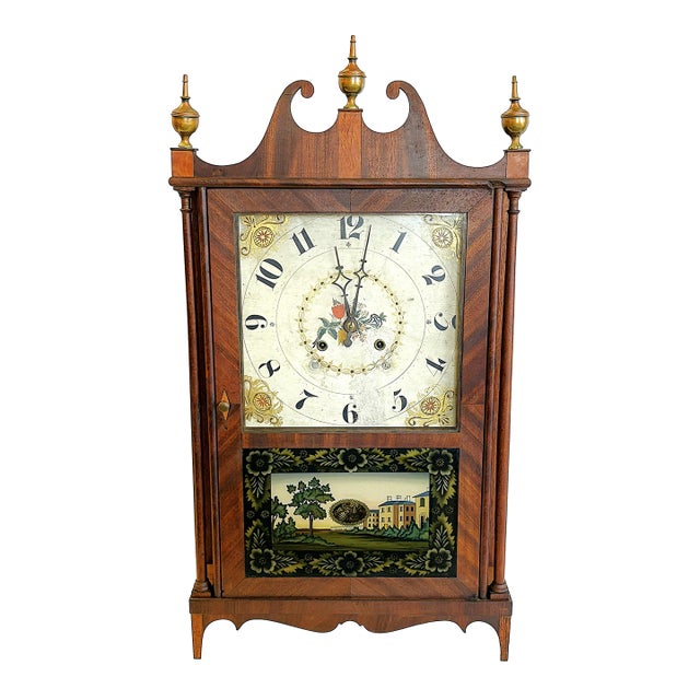 Antique 1800's Riley Whiting Eight Day Mantel Clock With Reverse Painted Glass Door For Sale