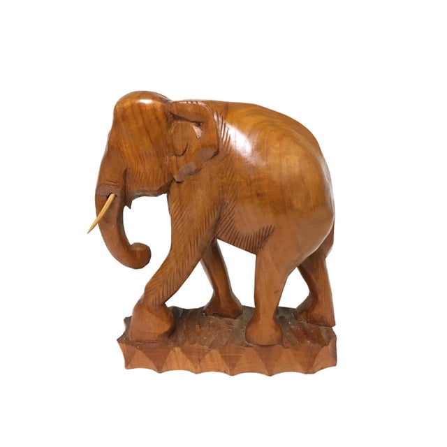 Solid Teak Wood Hand Carved Trunk Up Elephant Statue - a Pair For Sale - Image 9 of 12