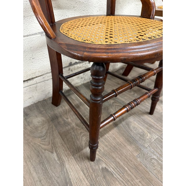 Antique Victorian Curved Ladder Back Hand Caned Armchairs - Pair For Sale - Image 4 of 11