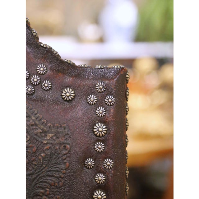 Pair of 19th Century French Louis XIII Walnut Armchairs With Embossed Leather For Sale - Image 9 of 14