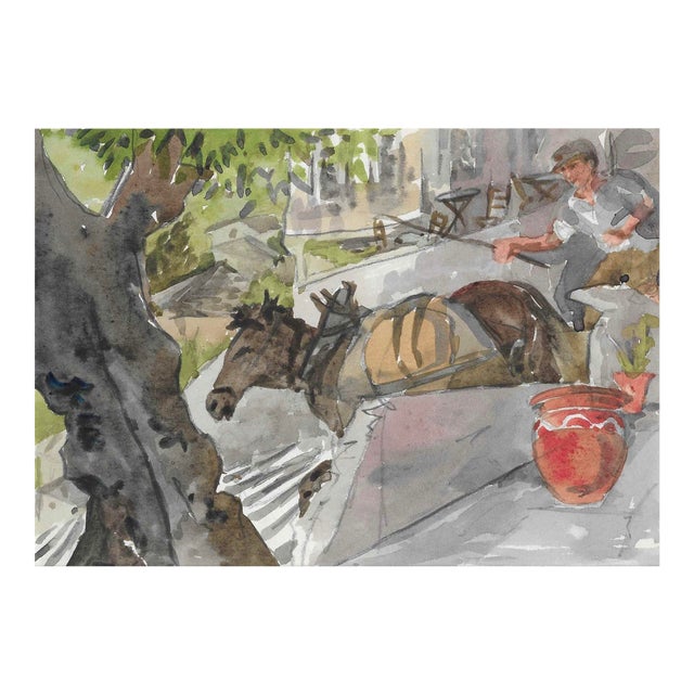 1950s Ivy Attwell Horse and Driver Greek Watercolor For Sale