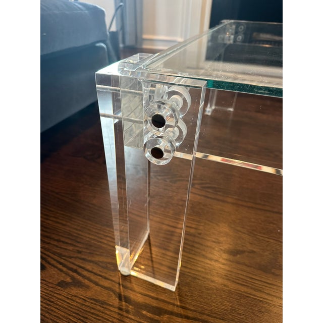 Contemporary Transitional Thick Polished Lucite Base Glass Top Square Coffee Table Merchandise Mart For Sale - Image 3 of 11