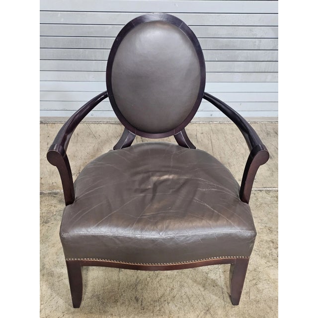 Late 20th Century Oval X-Back Arm Chair Barbara Barry for Baker Furniture Brown Leather Fabric For Sale In Cleveland - Image 6 of 10