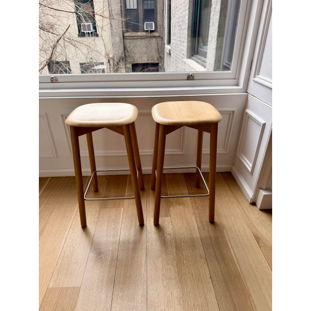 Beautiful, like-new, wooden counter bar stools by Iskos Berlin Designs. Iskos-Berlin’s Soft Edge organically shaped...