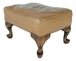 Chesterfield-Style Leather Footstool With Queen Anne Legs and Nailhead Trim