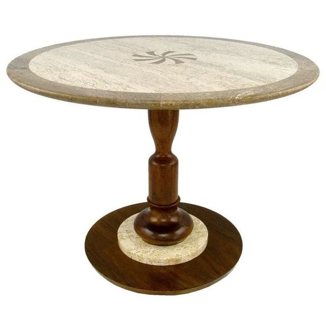 Walnut and Travertine Side Table With Marquetry Center For Sale In Chicago - Image 6 of 6
