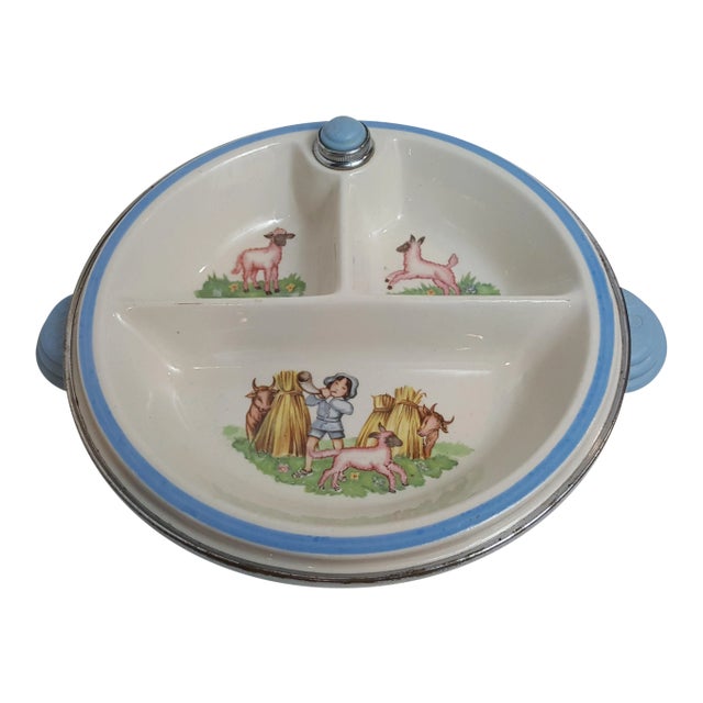 1944 Bartsch Little Boy Blue Chrome Porcelain Bakelite Child's 3 Part Warming Dish For Sale