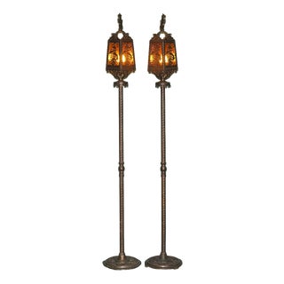American Gothic Revival Bronze and Amber Glass Ship Lantern Floor Lamps, 1920, Set of 2 For Sale