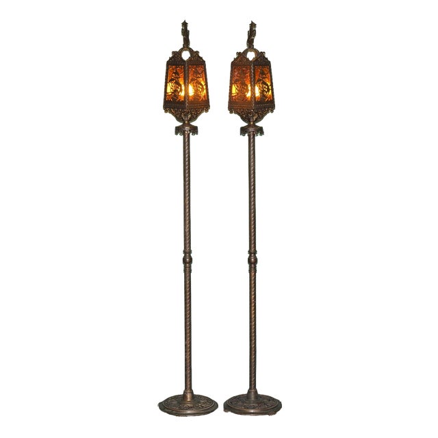 American Gothic Revival Bronze and Amber Glass Ship Lantern Floor Lamps, 1920, Set of 2 For Sale