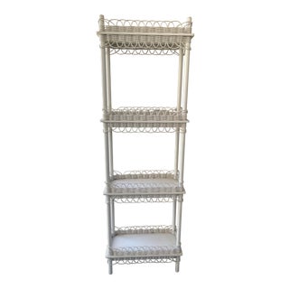 1960s Vintage White 4 Tier Open Bookcase With Wicker Border For Sale