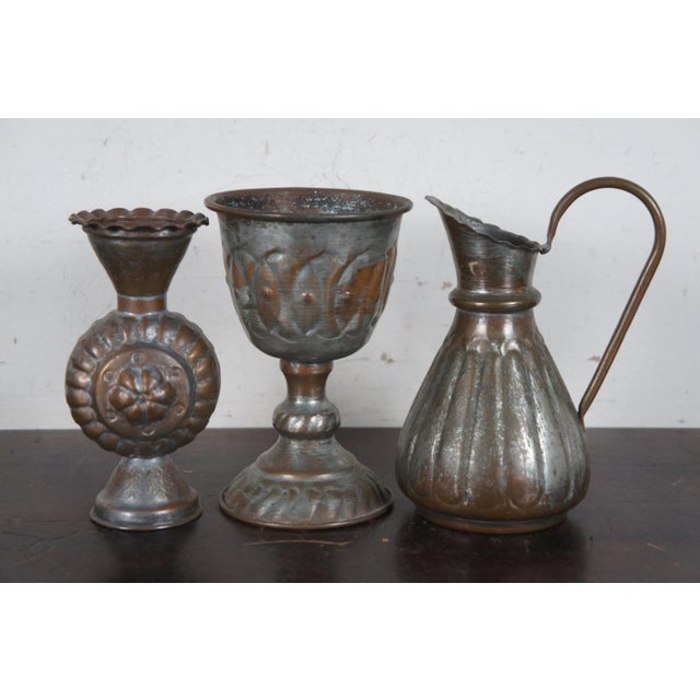 Vintage Assorted Hammered Copper & Tin Bud Vase Goblet Compote Pitcher Set- 7 Pieces For Sale - Image 4 of 13