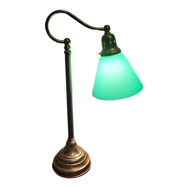 Vintage Banker Brass Lamp Green Glass Art Deco For Sale