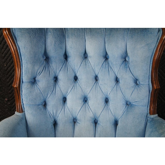 Antique French Blue Velvet Tufted Fauteuil Walnut Wingback Parlor Armchair For Sale - Image 4 of 12
